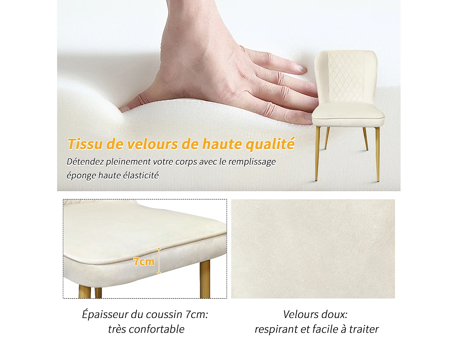 Chaise salle à manger velluto beige dossier haut ergonomique assise mousse cadre métal doré 47x43x86 cm lotto di 4