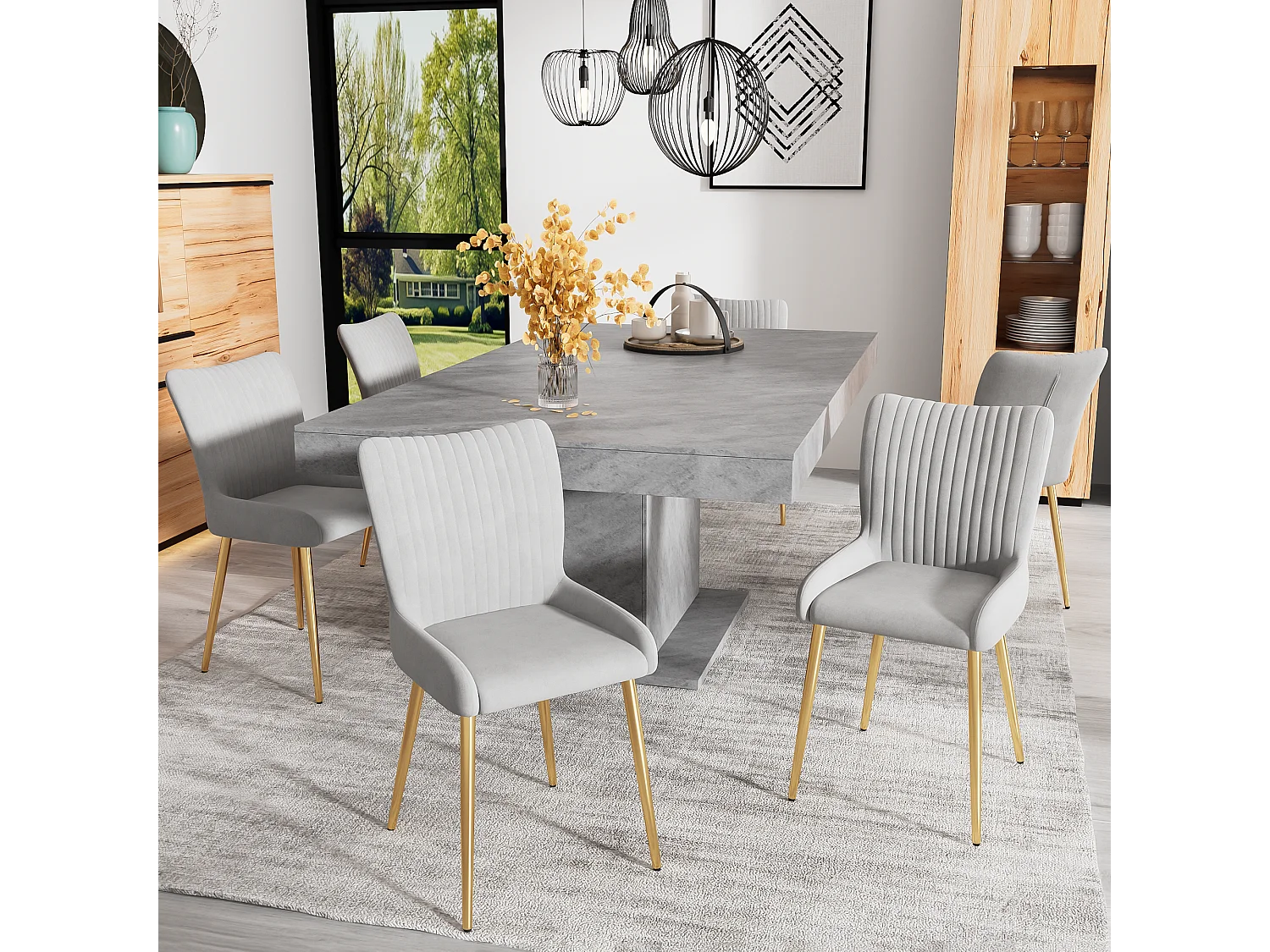 Eetkamerstoelen van fluweel, 6 stuks, gouden metalen poten, grijs