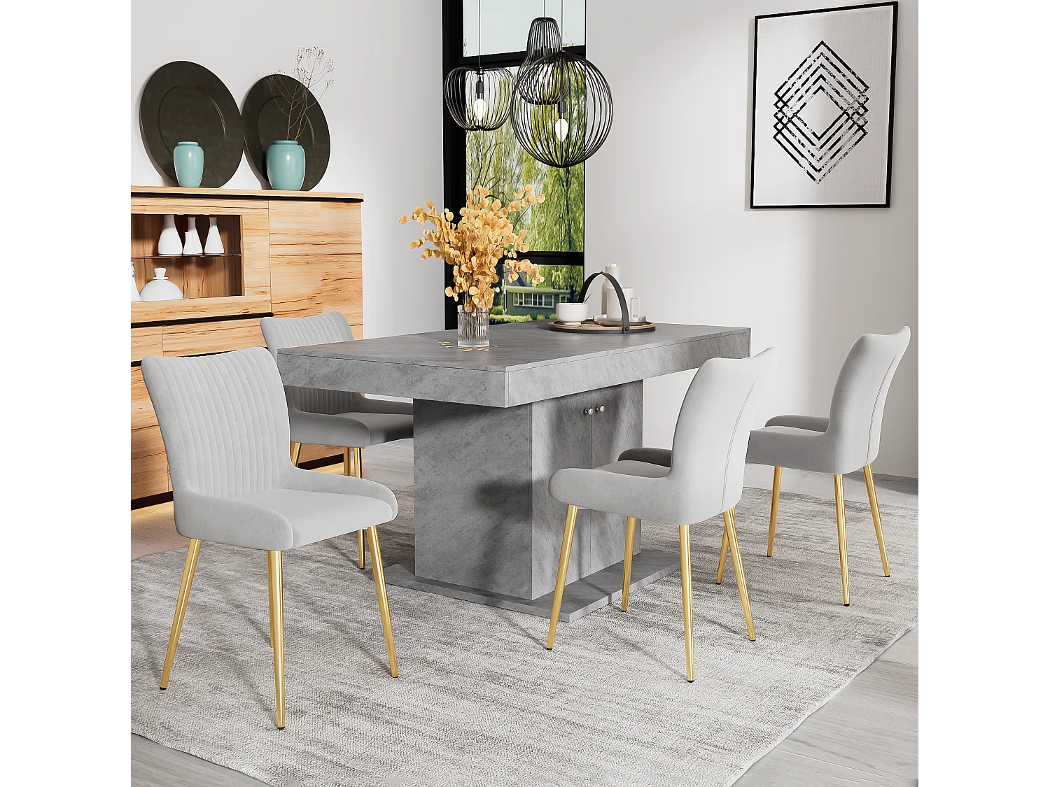 Eetkamerstoelen van fluweel, 6 stuks, gouden metalen poten, grijs