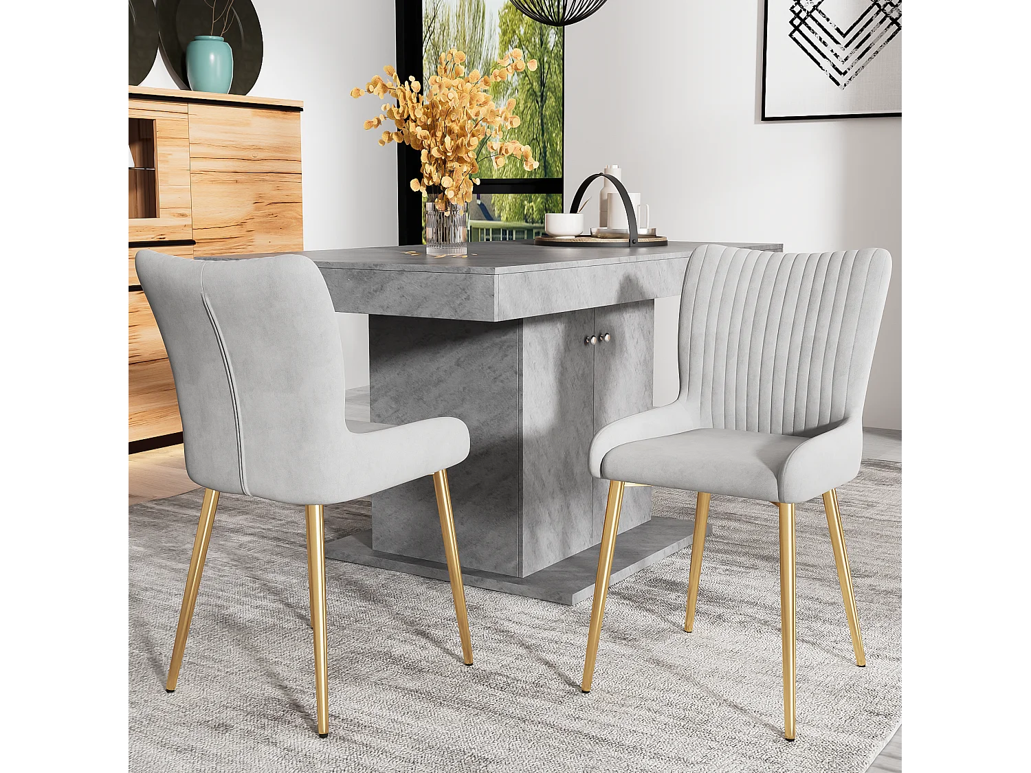 Eetkamerstoelen van fluweel, 6 stuks, gouden metalen poten, grijs