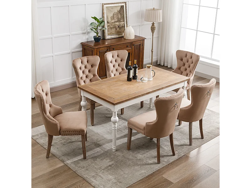 Silla de comedor de terciopelo con patas de madera maciza y reposapiés ajustable, decoración de uñas marrón café, juego de 6