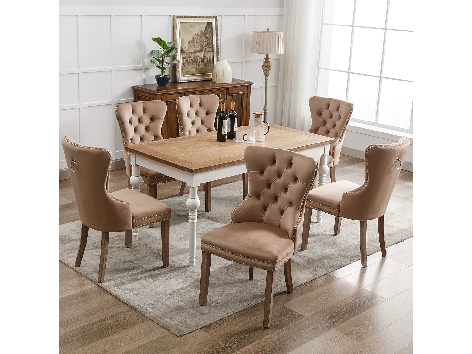 Silla de comedor de terciopelo con patas de madera maciza y reposapiés ajustable, decoración de uñas marrón café, juego de 6