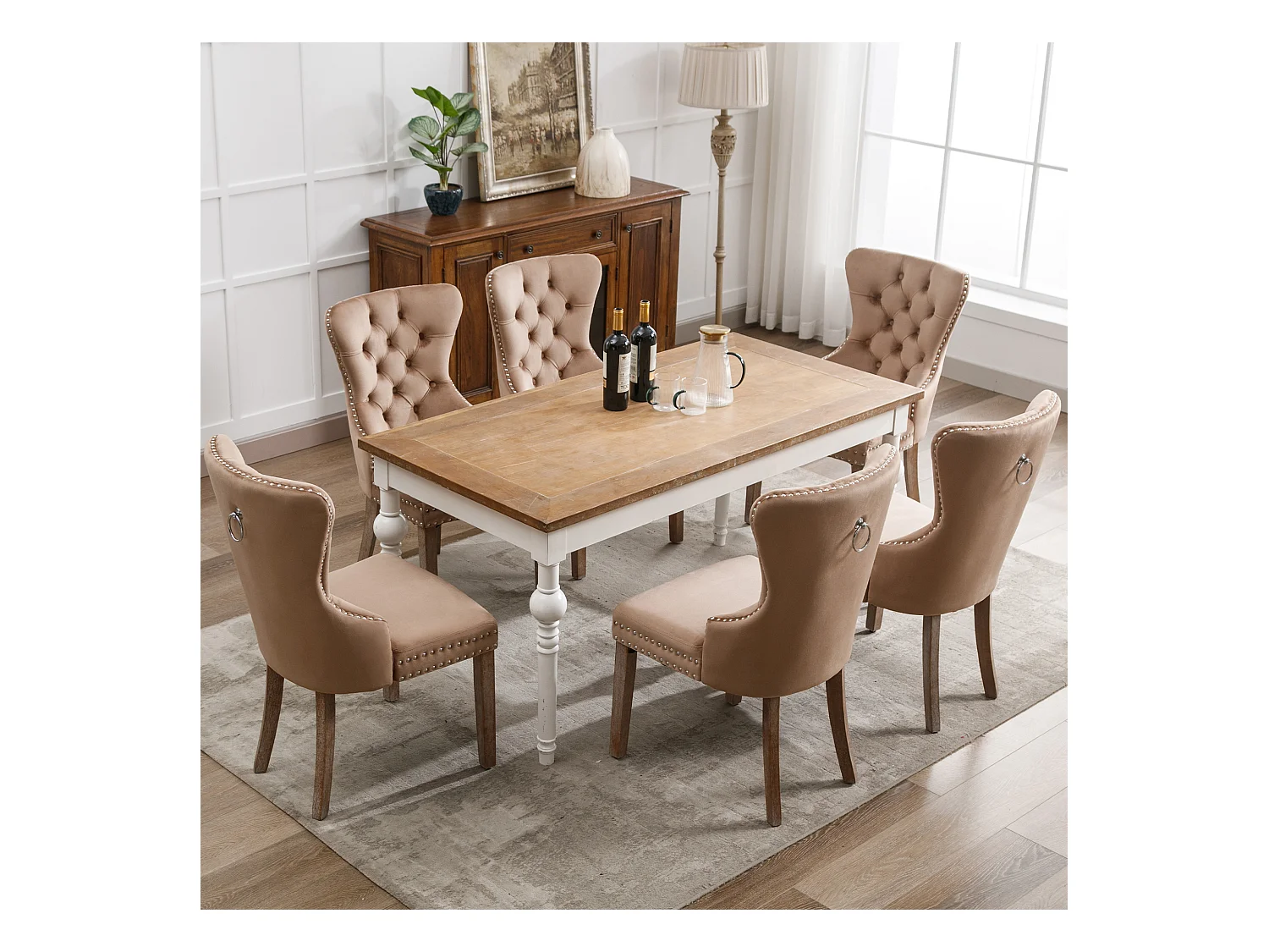 Silla de comedor de terciopelo con patas de madera maciza y reposapiés ajustable, decoración de uñas marrón café, juego de 6