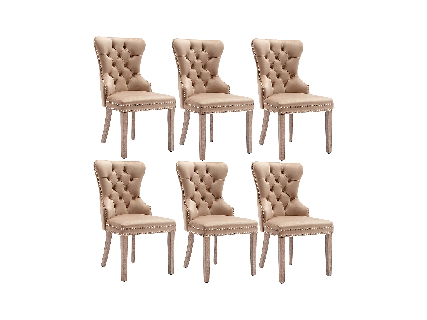 Silla de comedor de terciopelo con patas de madera maciza y reposapiés ajustable, decoración de uñas marrón café, juego de 6