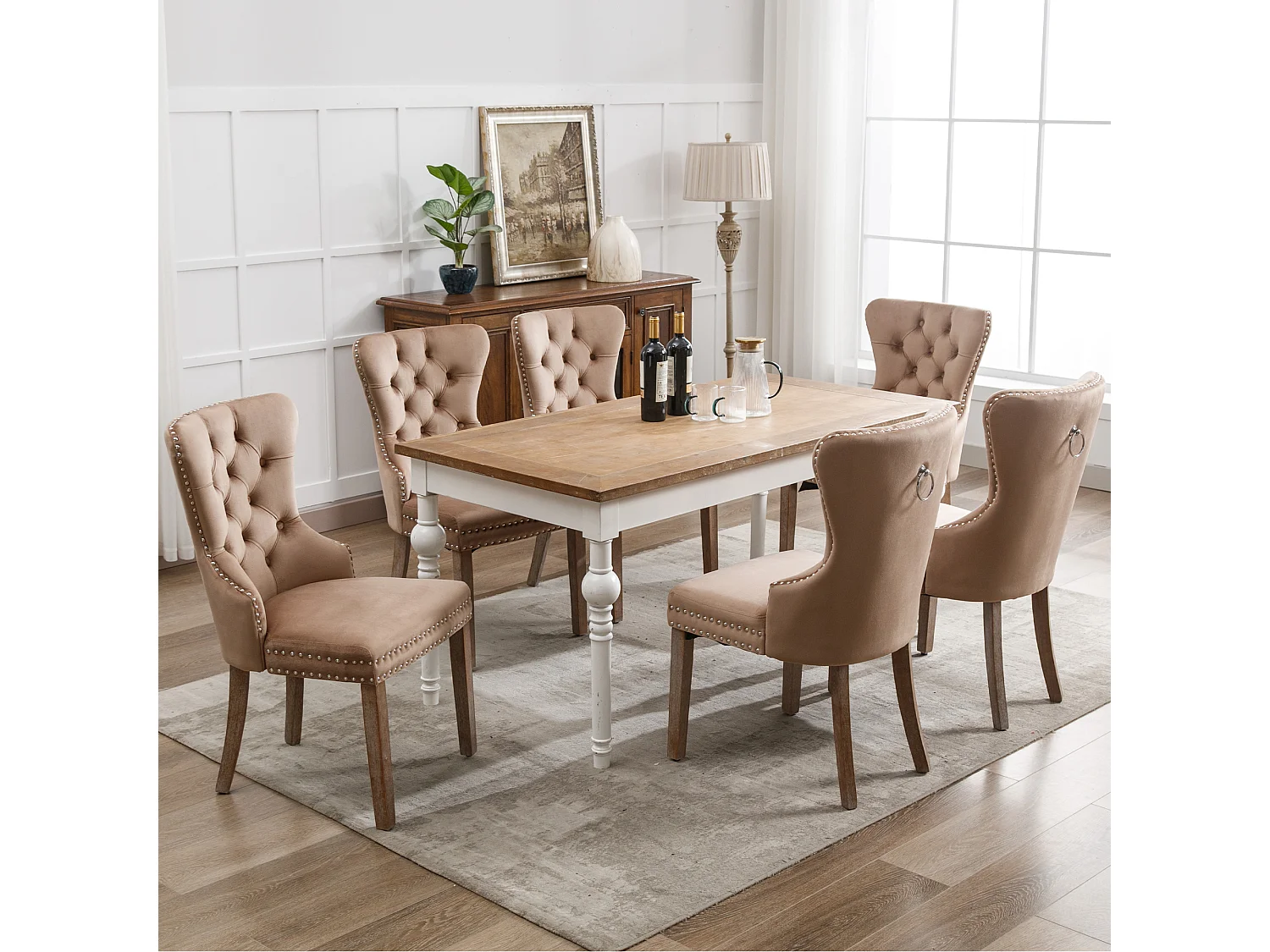 Silla de comedor de terciopelo con patas de madera maciza y reposapiés ajustable, decoración de uñas marrón café, juego de 6