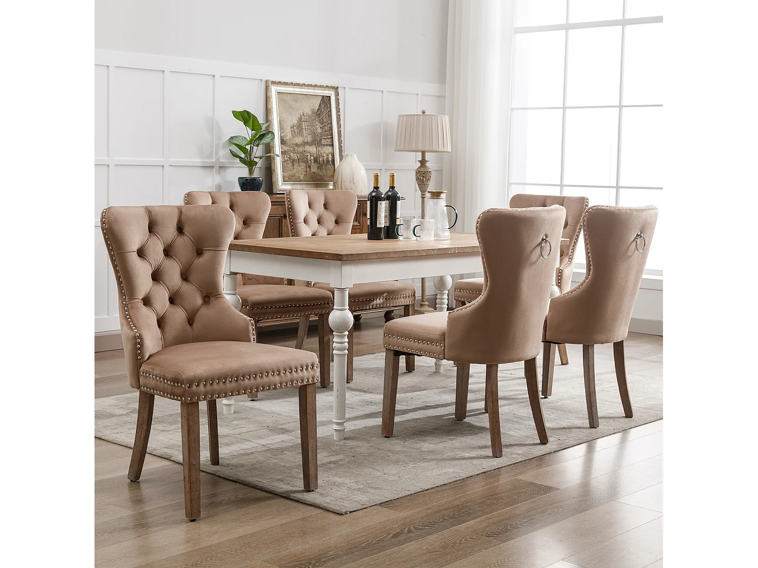 Chaise salle à manger velours avec pieds bois massif repose-pieds arredamento regolabile clous brun café lot de 6