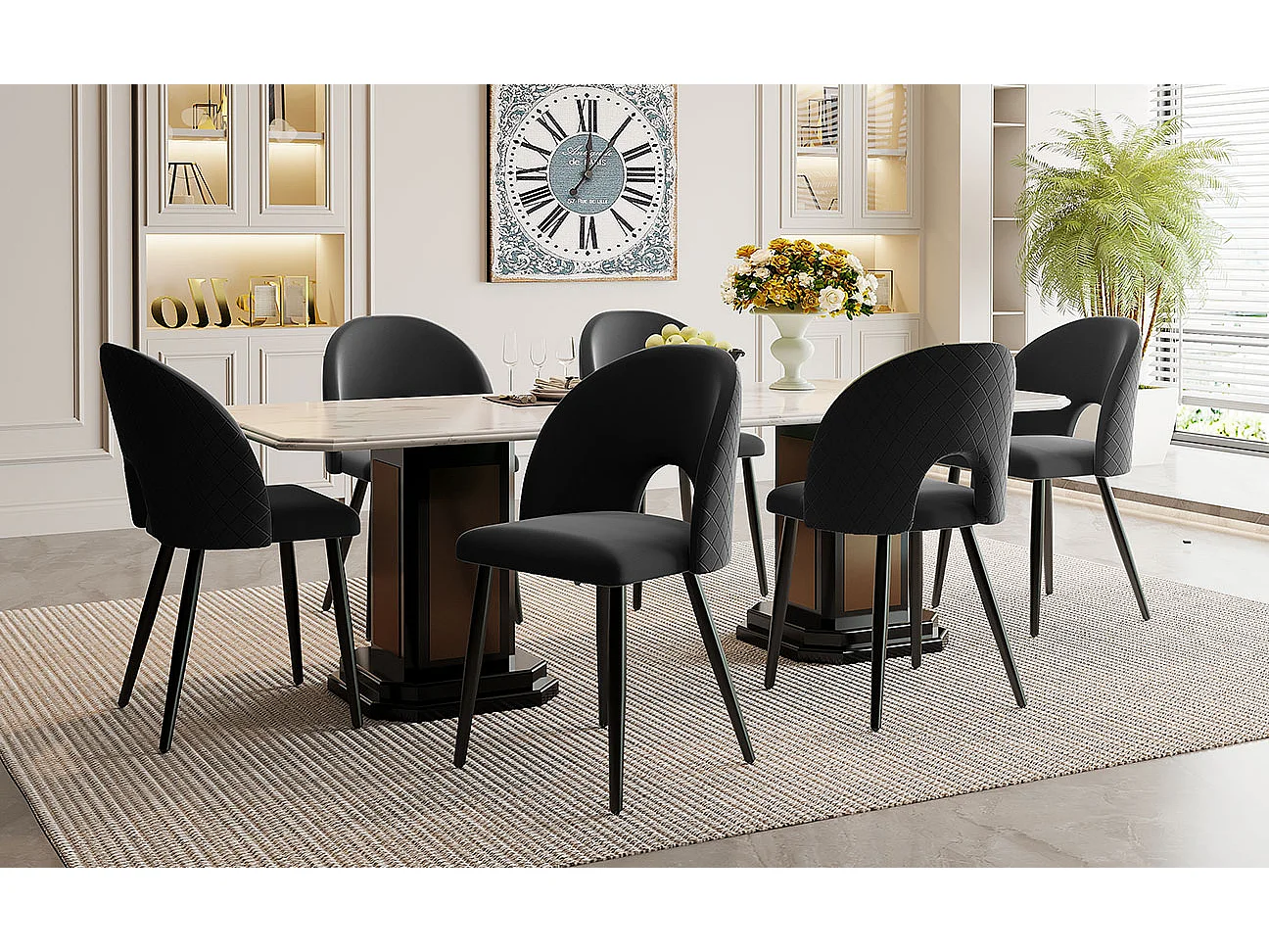 Conjunto de 6 cadeiras de jantar estofadas em veludo, pretas