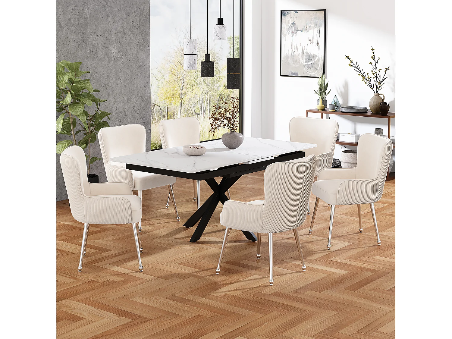 Silla de terciopelo beige de lujo con reposabrazos y patas ajustables de metal plateado para sala de estar, dormitorio, salón, juego de 6