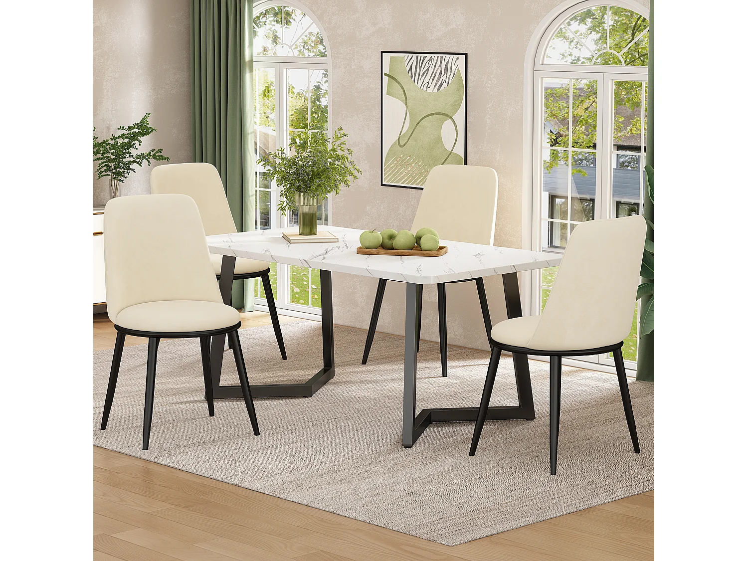 Chaise En Velours Avec Dossier Rond, Cadre En Métal, Lot De 4 Chaises Couleur Beige