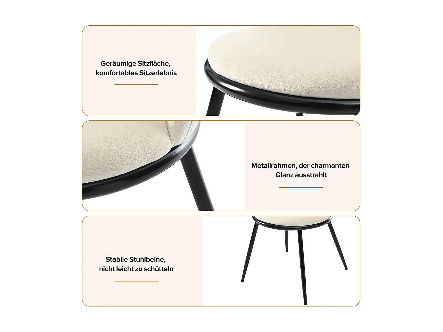 Chaise En Velours Avec Dossier Rond, Cadre En Métal, Lot De 4 Chaises Couleur Beige