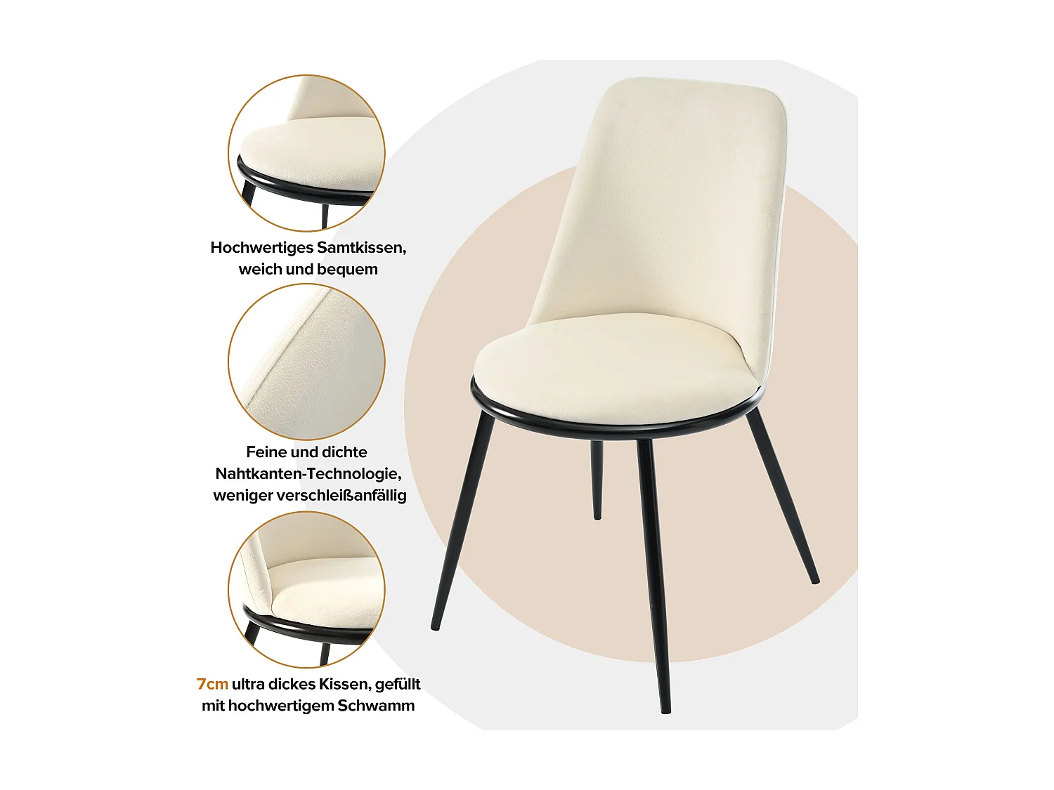 Chaise En Velours Avec Dossier Rond, Cadre En Métal, Lot De 4 Chaises Couleur Beige