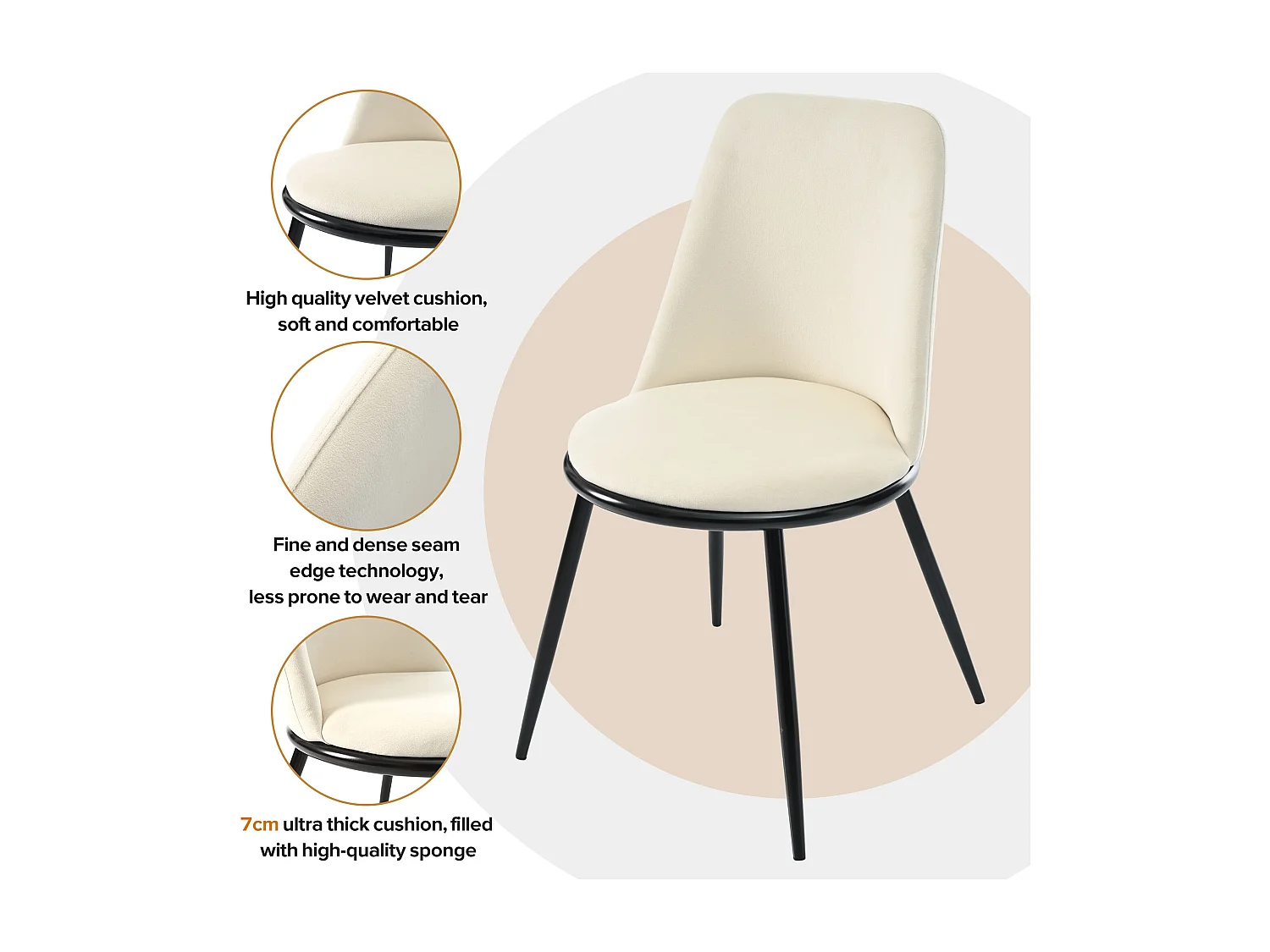 Chaise En Velours Avec Dossier Rond, Cadre En Métal, Lot De 4 Chaises Couleur Beige