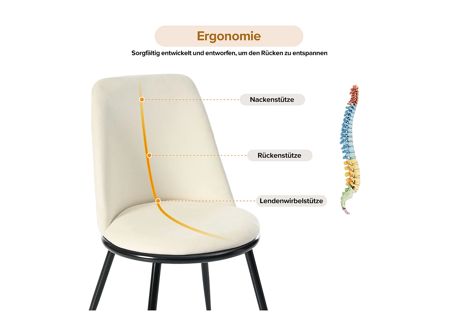 Chaise En Velours Avec Dossier Rond, Cadre En Métal, Lot De 4 Chaises Couleur Beige