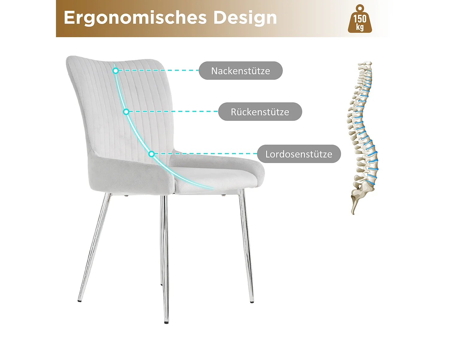 Chaise velours gris pieds métal argenté confort lombaire salon chambre salle à manger lot de 6