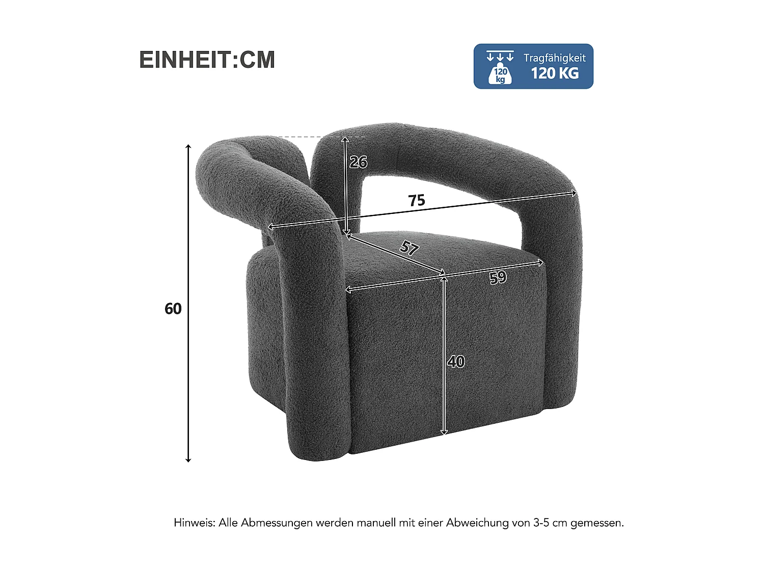 Chaise moderne avec accoudoirs en peluche - 75 x 57 x 60 cm - Gris