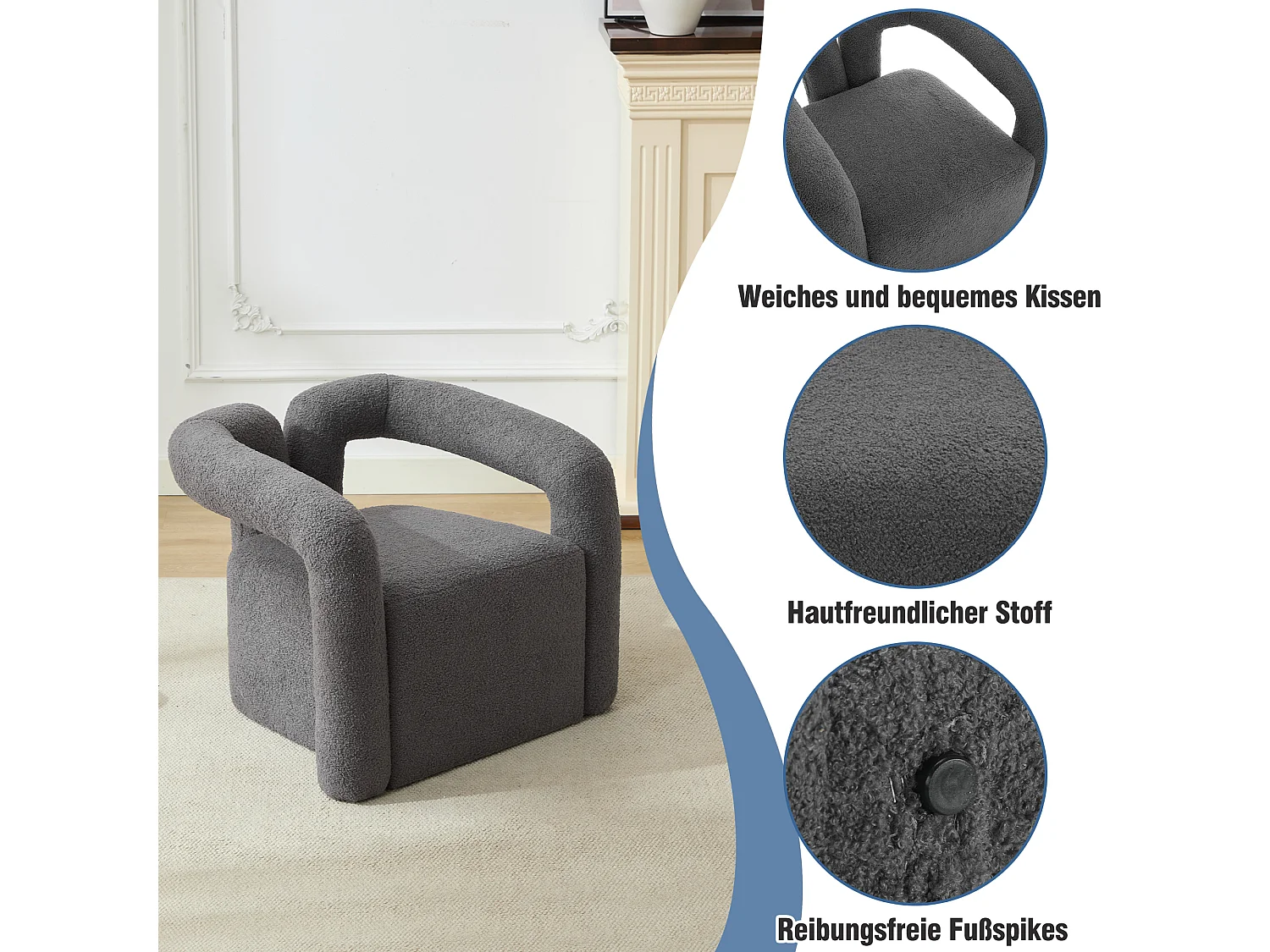 Chaise moderne avec accoudoirs en peluche - 75 x 57 x 60 cm - Gris