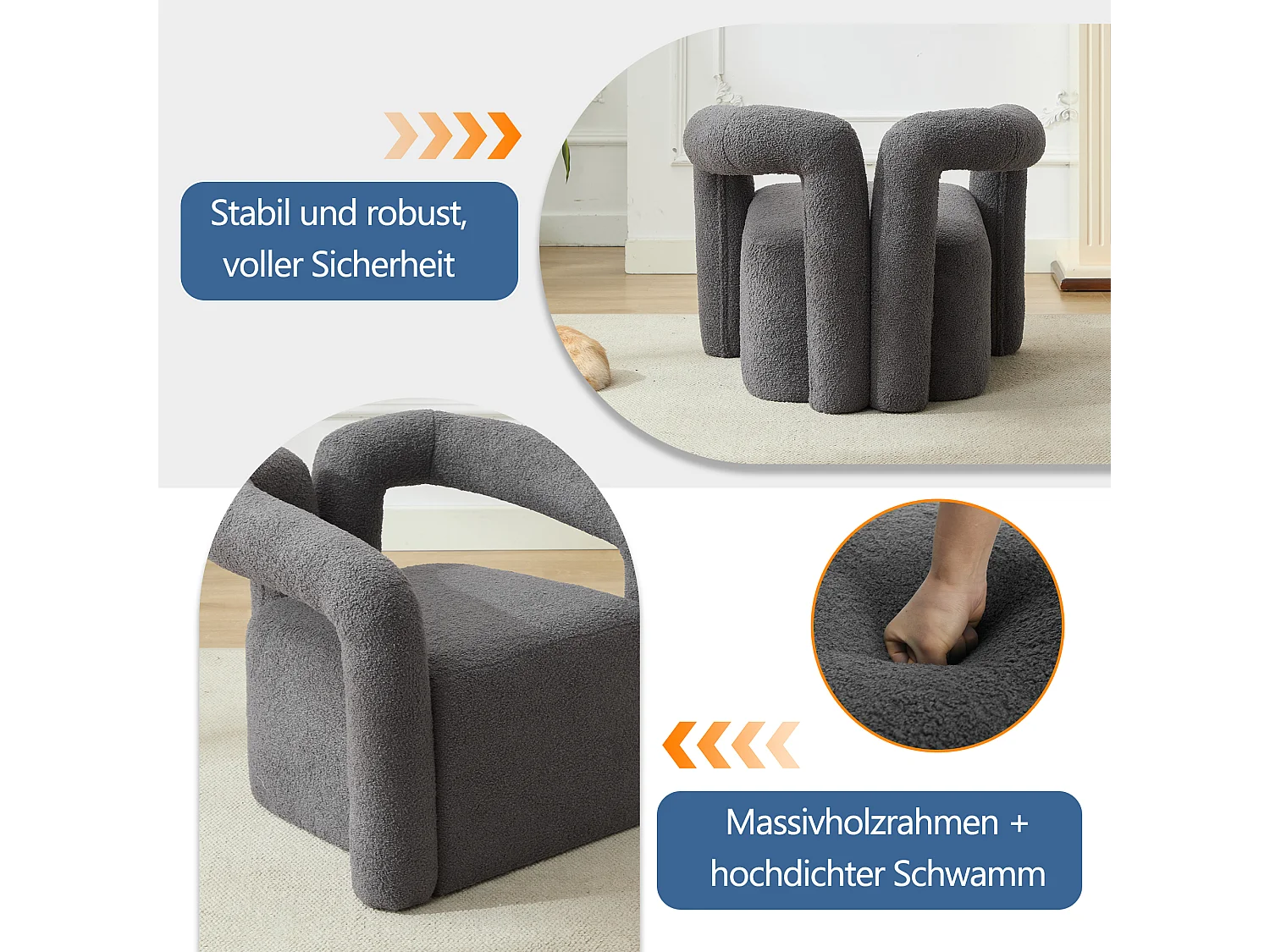 Chaise moderne avec accoudoirs en peluche - 75 x 57 x 60 cm - Gris