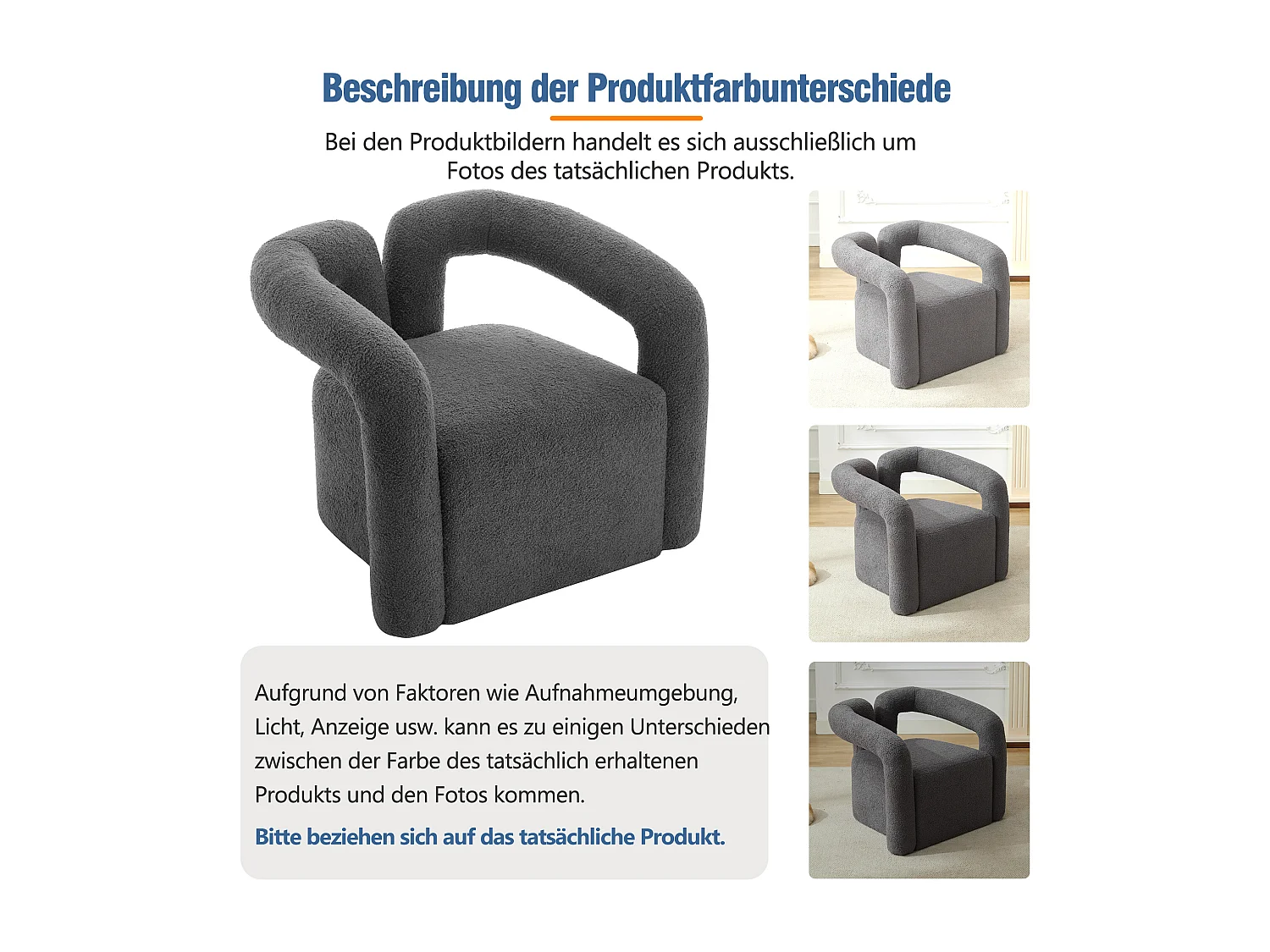Chaise moderne avec accoudoirs en peluche - 75 x 57 x 60 cm - Gris