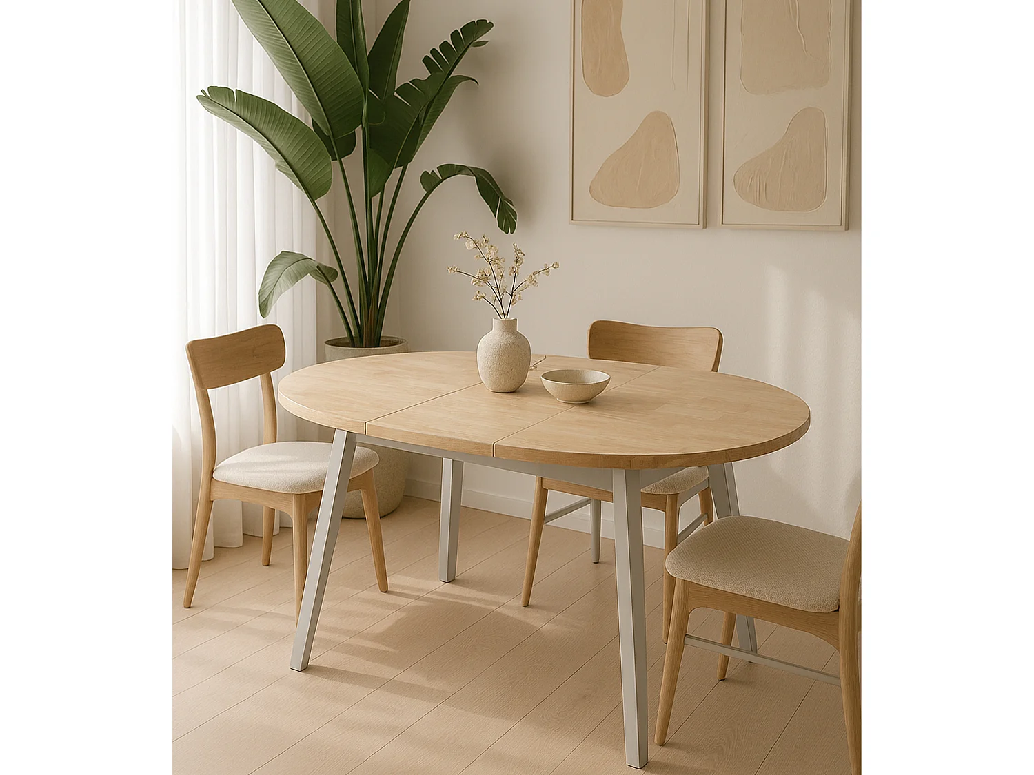 Mesa redonda extensible de 74x100-140-180x100 cm con sobre de roble y patas blancas Bergi