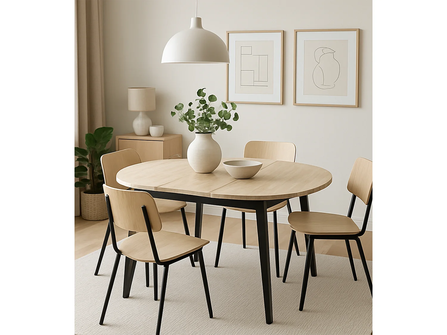 Mesa redonda extensible de 74x100-140-180x100 cm con sobre de roble y patas negras Bergi