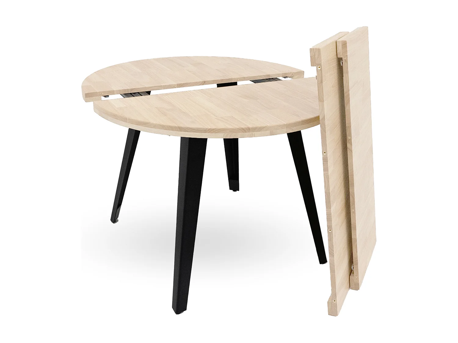 Mesa redonda extensible de 74x100-140-180x100 cm con sobre de roble y patas negras Bergi