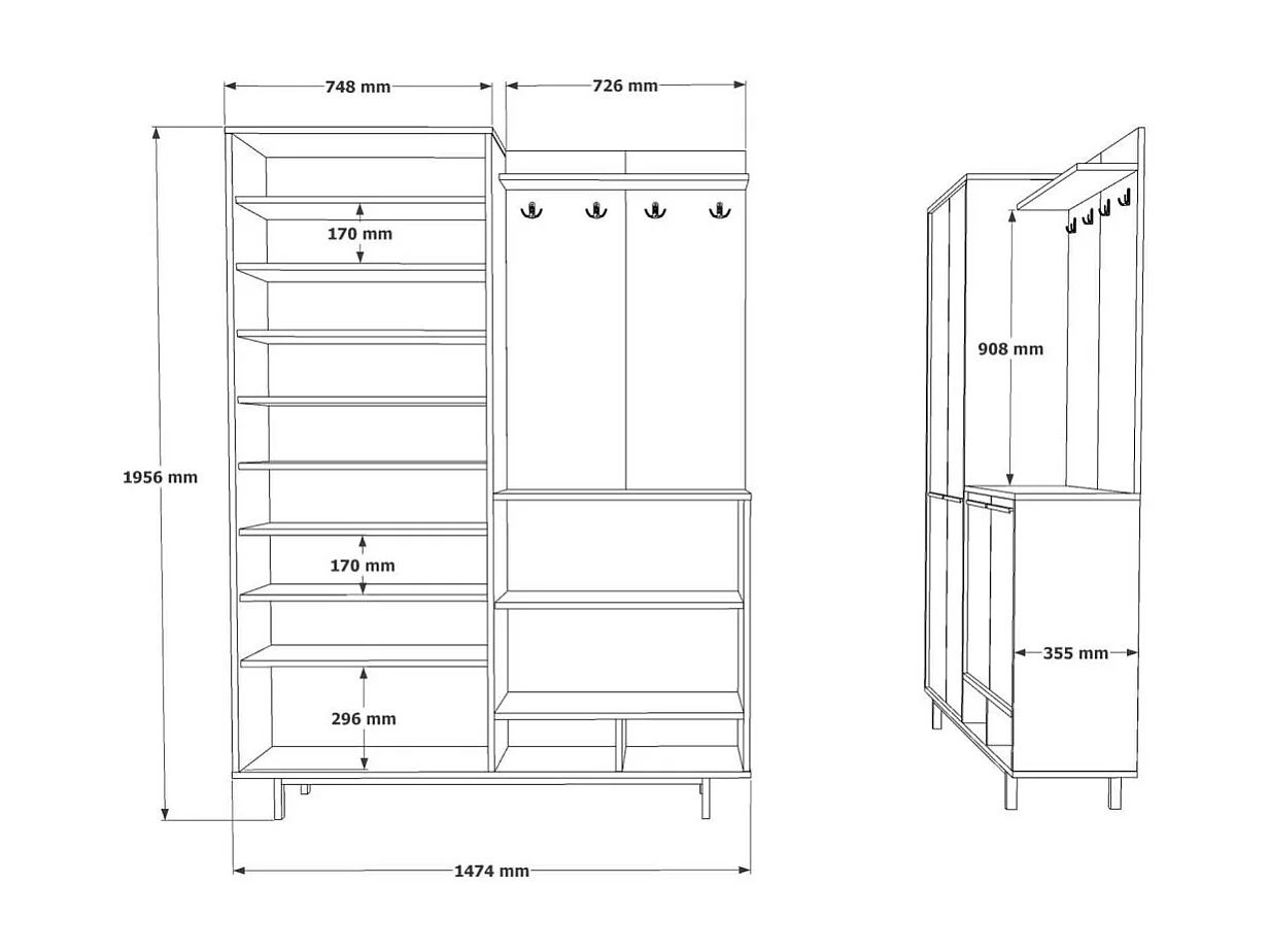 Meuble d'entrée avec placard à chaussures et patères Sylvie