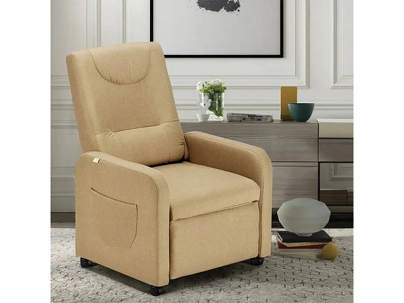 Sillón Relax reclinable de 4 ruedas con reposapiés de tela Beautiful - Beige