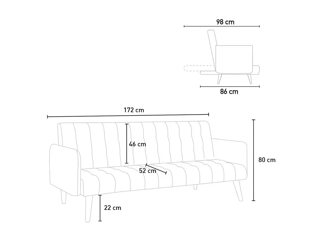 Canapé 3 places convertible clic-clac en tissu inclinable Kauri