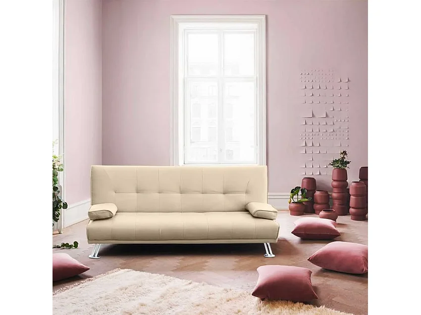 Sofá cama biplaza de cuero polipiel con reposabrazos Olivina para casa y locales públicos Pronto Letto - Beige