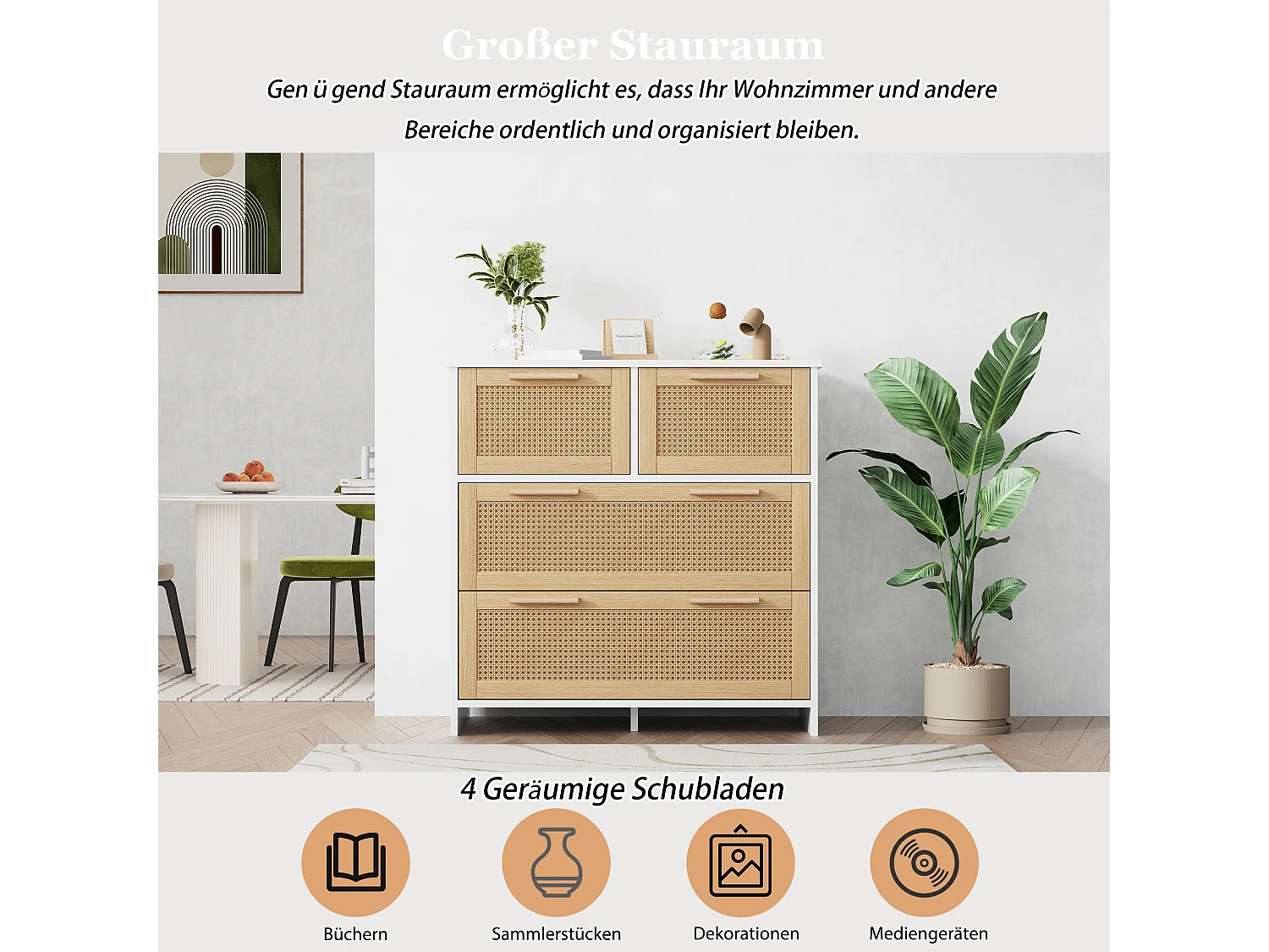 Cómoda 4 cajones madera ratán natural MDF almacenaje dormitorio salón 80x40x92cm beige