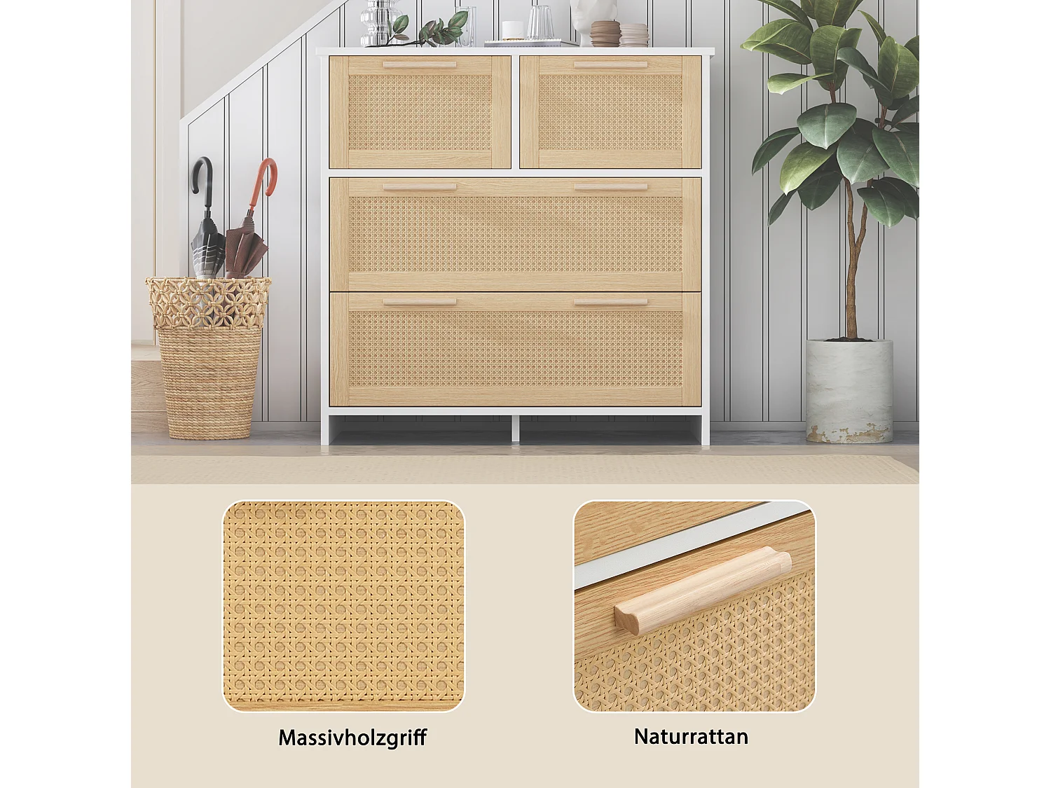 Comò 4 cassetti rotin naturel bois MDF rangement chambre salon 80x40x92cm beige
