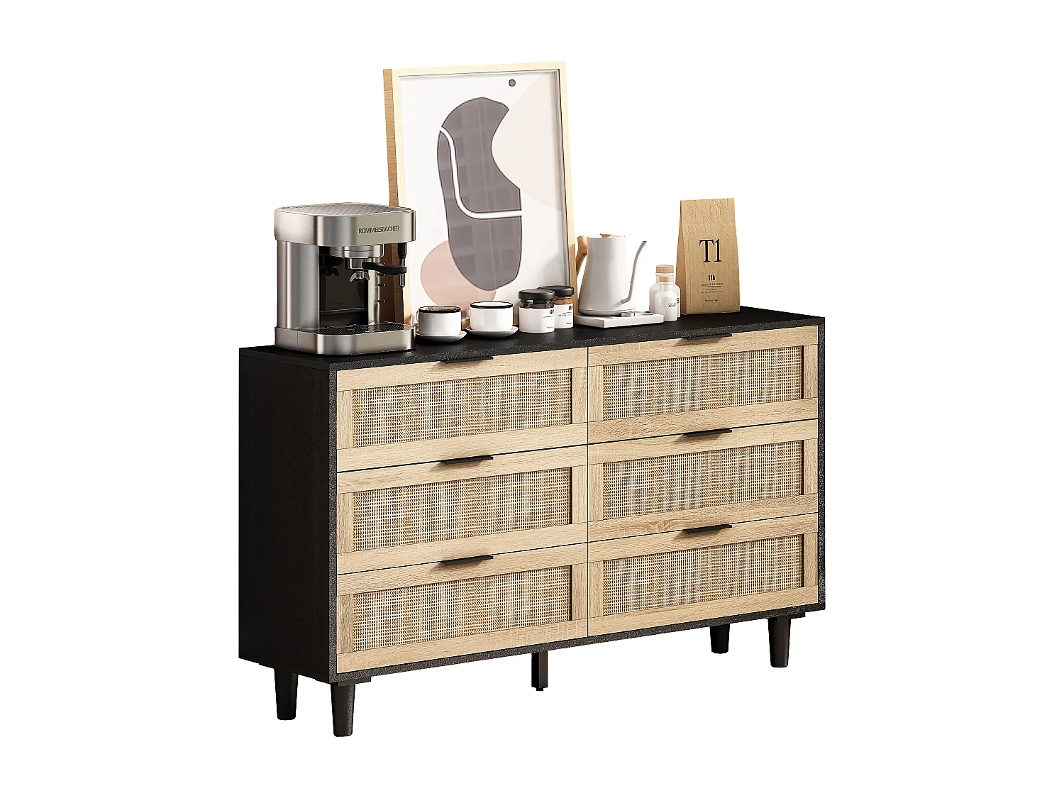 Kommode aus Holz mit Schubladen aus natürlichem Rattan für Wohnzimmer, Schlafzimmer, schwarz, 90 x 40 x 80 cm