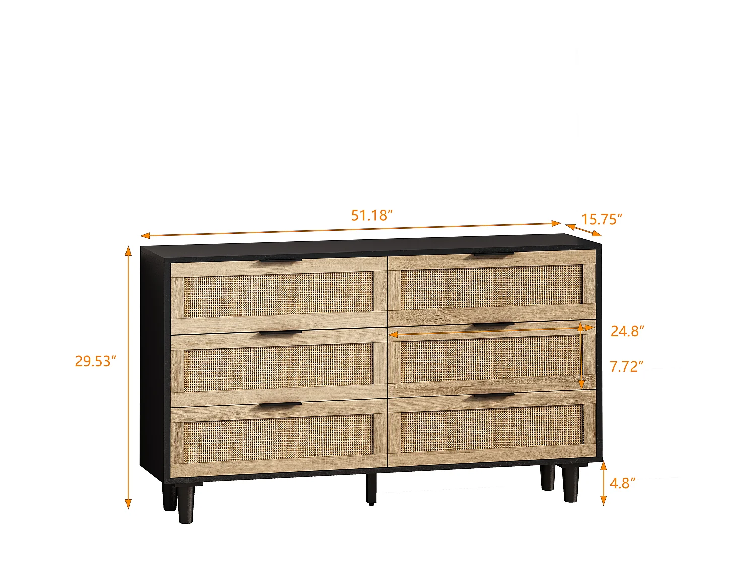 Kommode aus Holz mit Schubladen aus natürlichem Rattan für Wohnzimmer, Schlafzimmer, schwarz, 90 x 40 x 80 cm