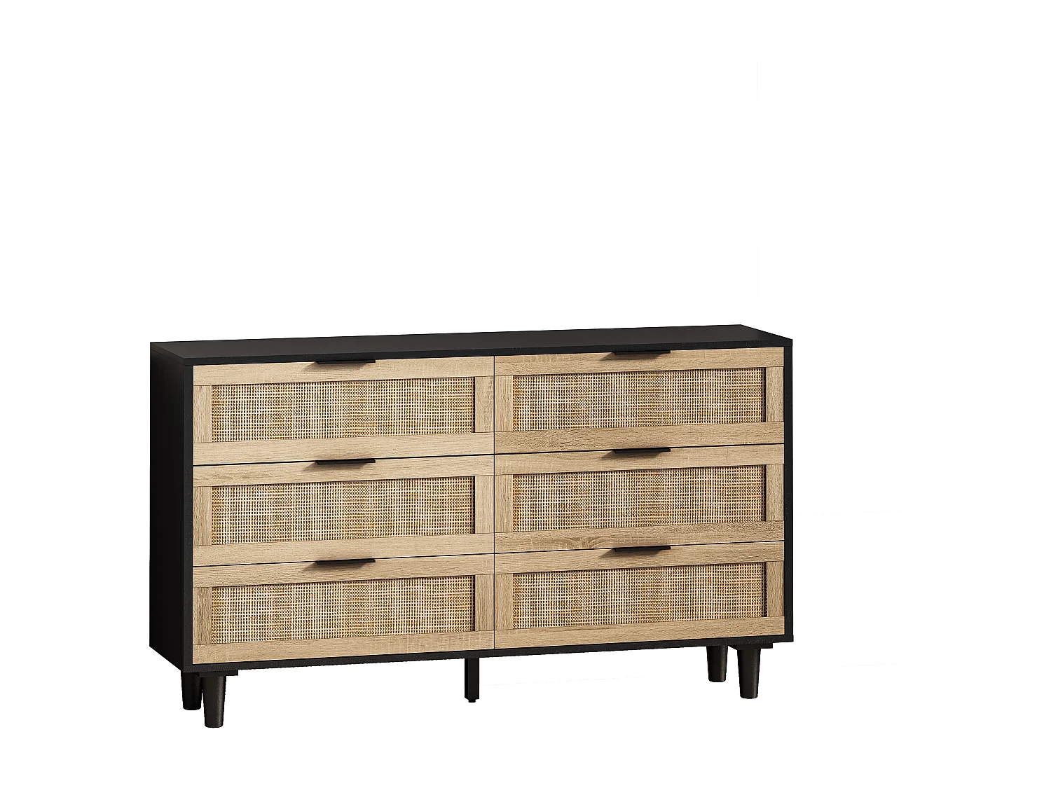 Kommode aus Holz mit Schubladen aus natürlichem Rattan für Wohnzimmer, Schlafzimmer, schwarz, 90 x 40 x 80 cm