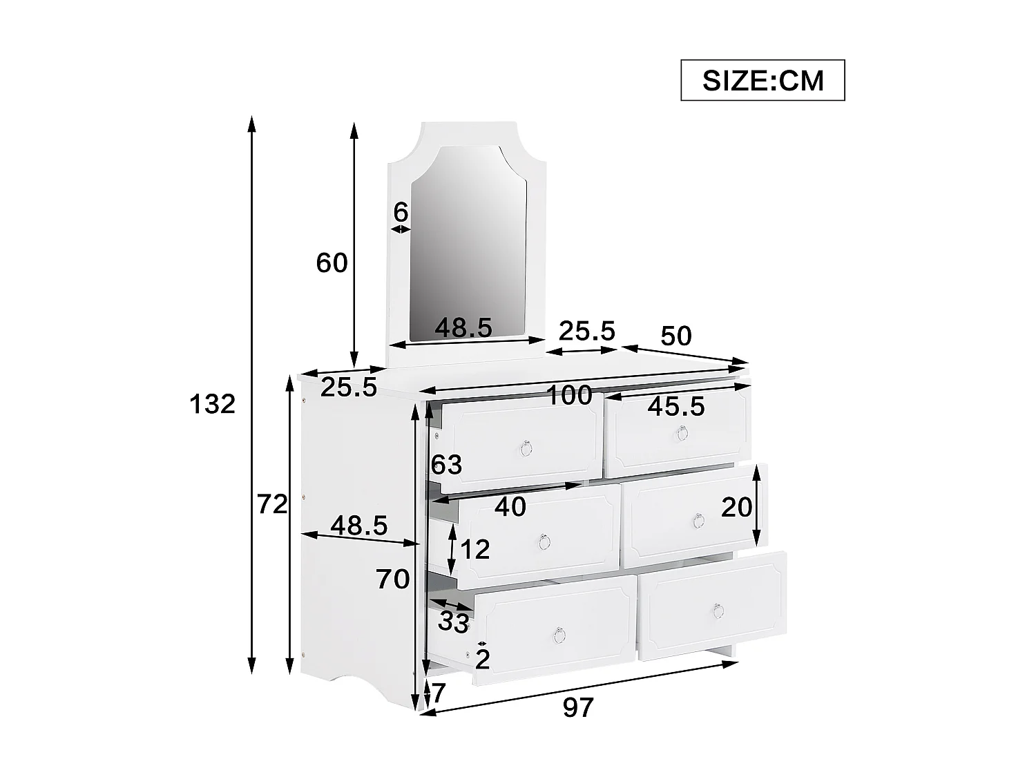 Ladekast met spiegel, 6 lades, wit, L100 x D50 x H132 cm