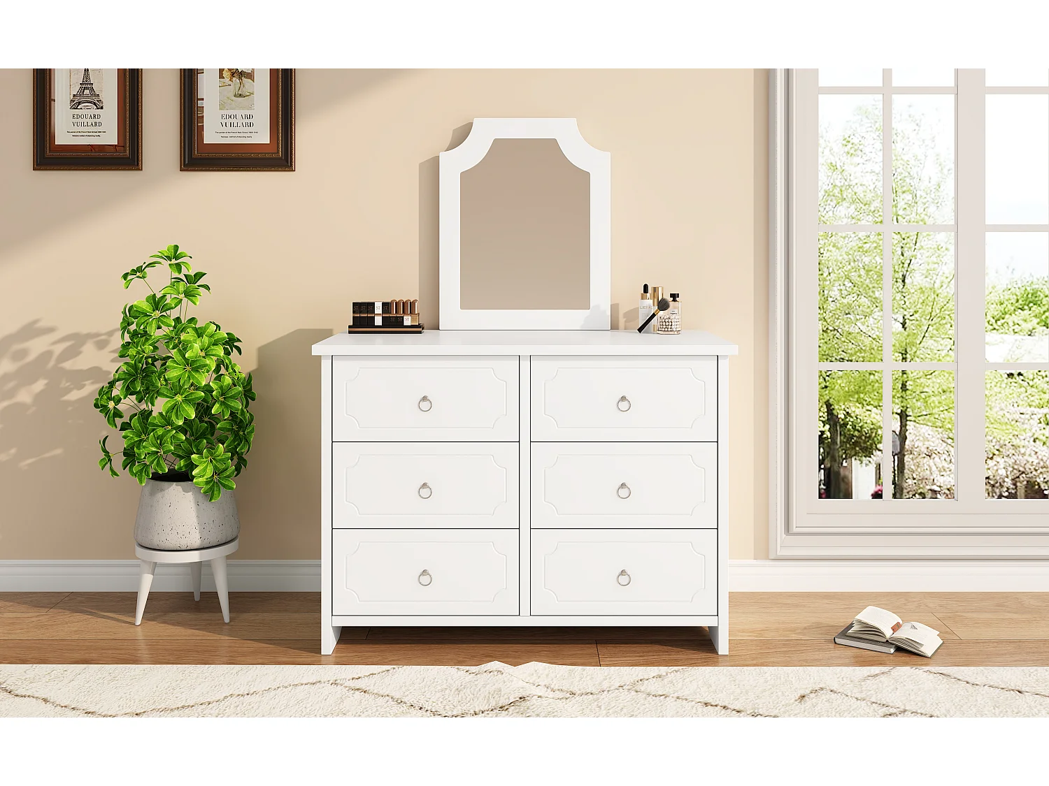 Ladekast met spiegel, 6 lades, wit, L100 x D50 x H132 cm