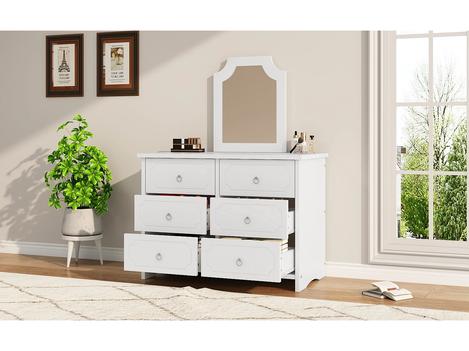 Ladekast met spiegel, 6 lades, wit, L100 x D50 x H132 cm