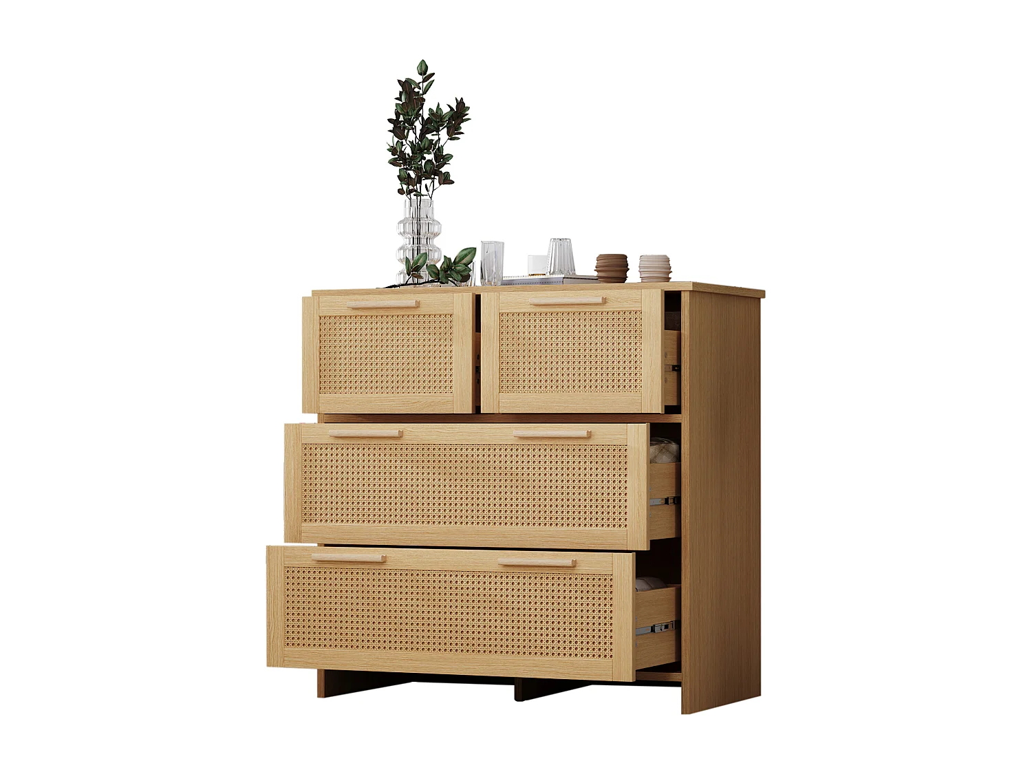 Rattan-Kommode mit 4 Schubladen und Massivholzgriffen