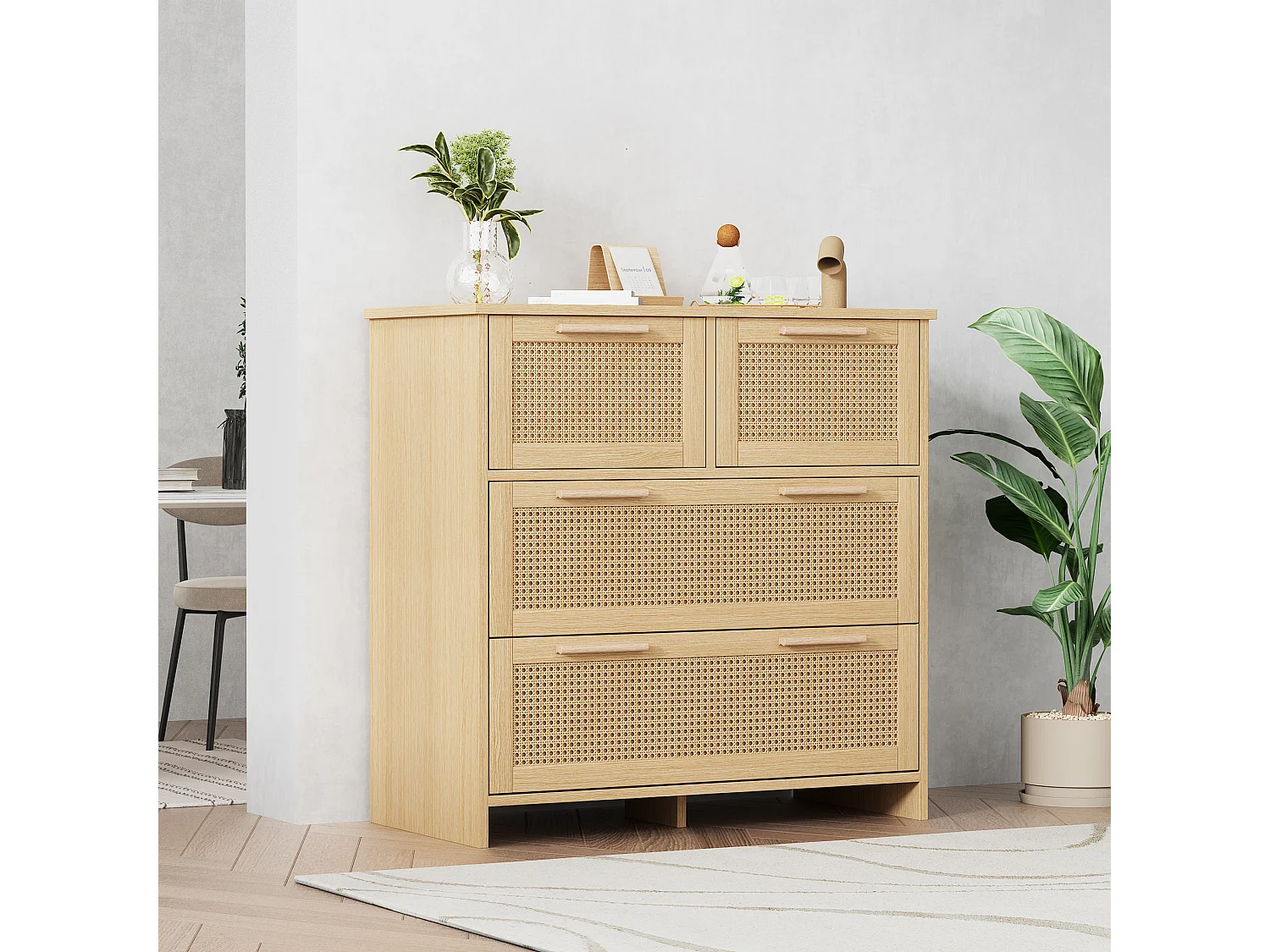 Rattan-Kommode mit 4 Schubladen und Massivholzgriffen