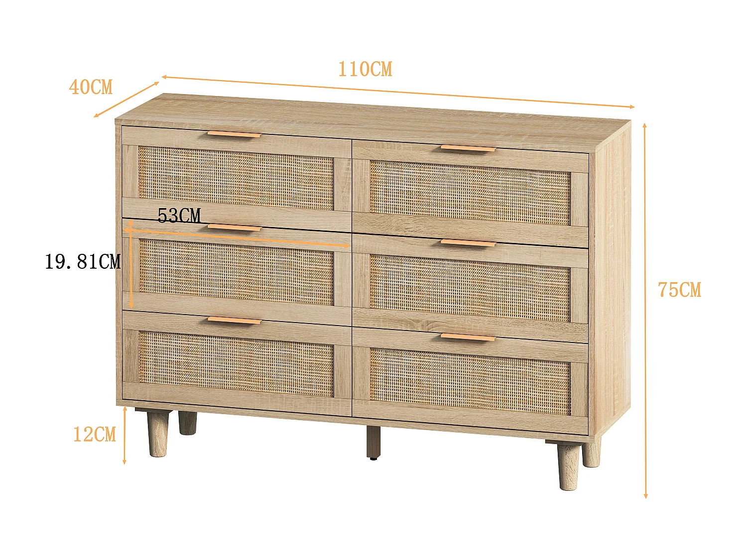 Cômoda de vime natural, 6 gavetas, para quarto e sala, 110x40x75 cm, marrom