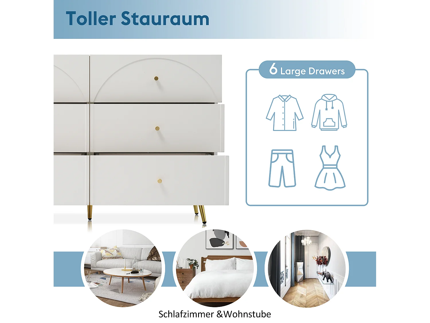 Comò 6 cassetti bois crème design arrondi chambre rangement 120x40x85 cm