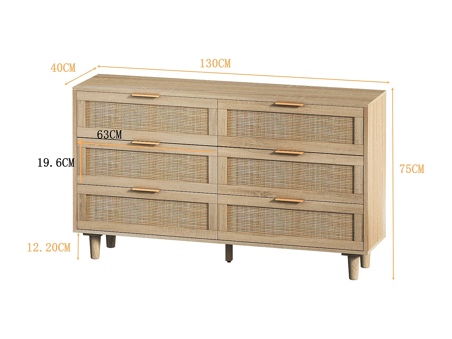 Cassettiera in Truciolare Rattan Naturale, 6 Cassetti, per Camera da Letto e Soggiorno, 130x40x75 Cm, Marrone