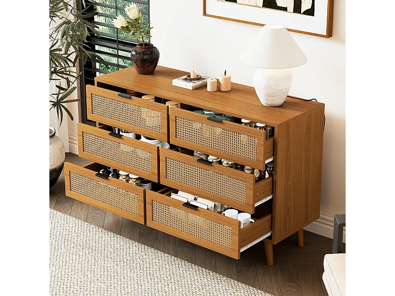Cômoda com 6 gavetas com imitação de madeira de vime e pés de madeira maciça, estilo retro, quarto, sala de estar, castanho escuro