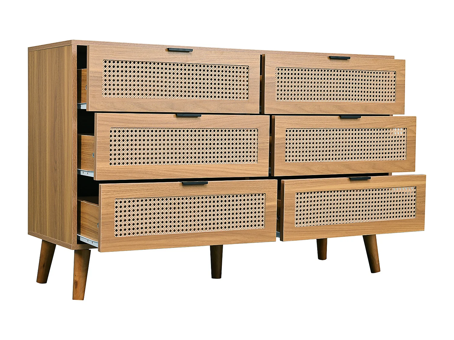 Cómoda de 6 cajones con imitación madera ratán y patas de madera maciza, estilo retro, dormitorio, salón, marrón oscuro