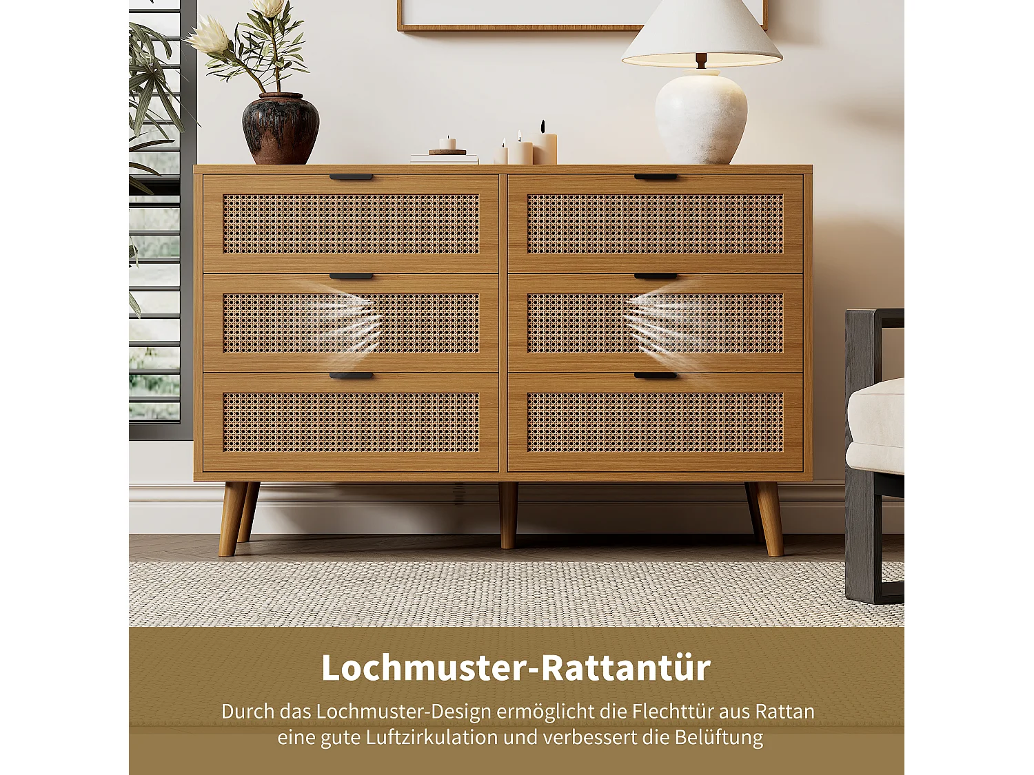 Cómoda de 6 cajones con imitación madera ratán y patas de madera maciza, estilo retro, dormitorio, salón, marrón oscuro