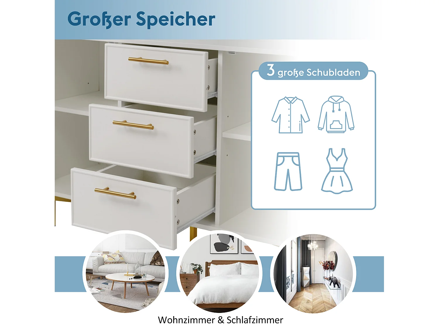 Commode blanche moderne 3 tiroirs 2 portes rangement réglable métal bois 120x40x75 cm