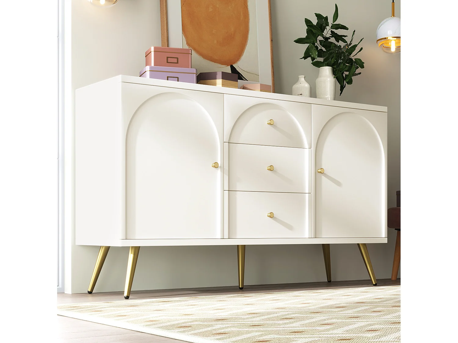 Comò 3 cassetti e 2 porte bois crème rangement chambre 140x40x84 cm