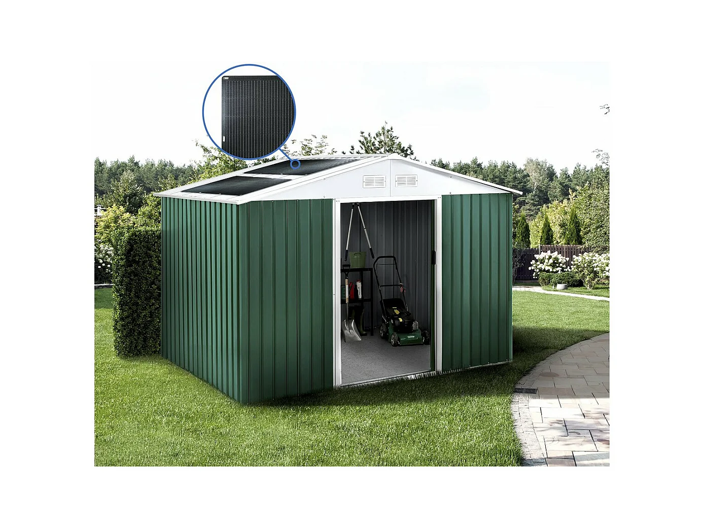 Abri de jardin métal - "Rosas "- 7,06 m² avec panneaux solaires - Vert
