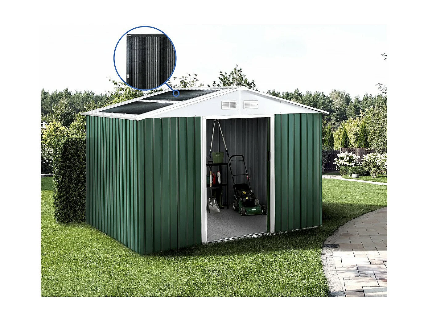 Abri de jardin métal - "Rosas "- 7,06 m² avec panneaux solaires - Vert