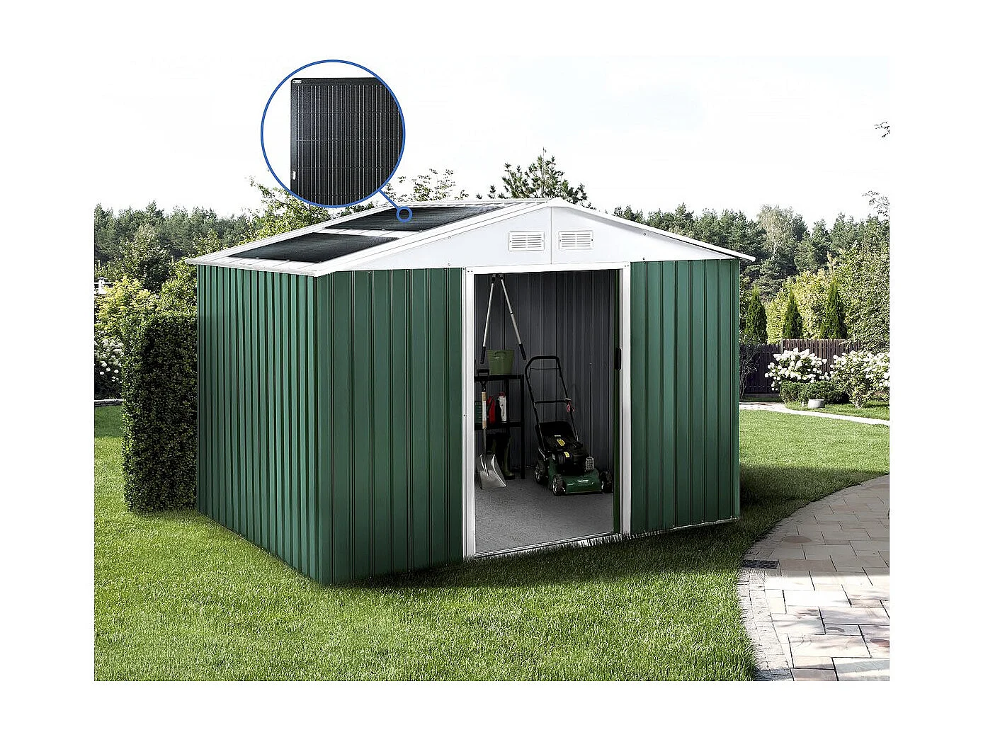 Abri de jardin métal - "Rosas "- 7,06 m² avec panneaux solaires - Vert